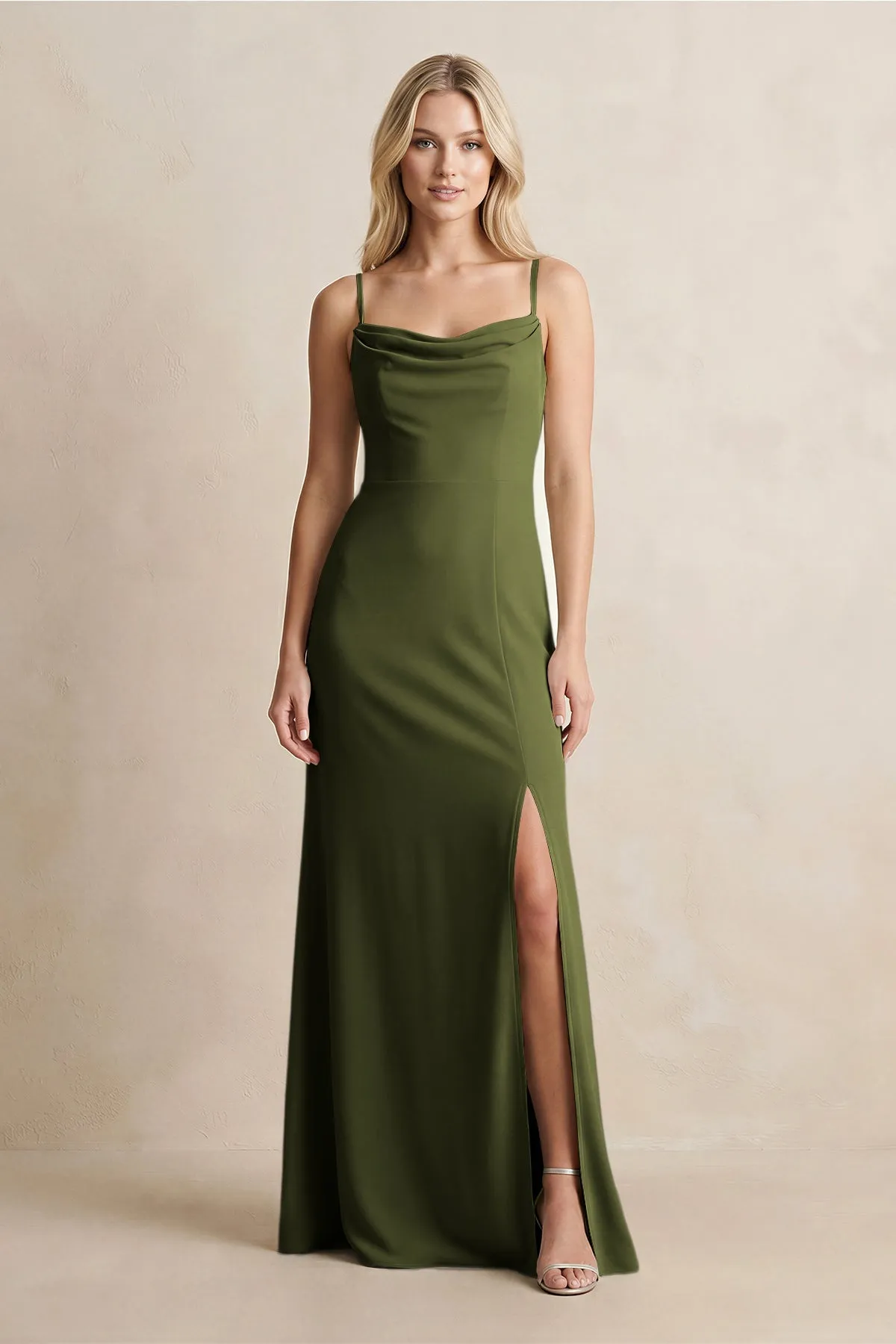 Spaghetti Straps Sheath Satin Bridesmaid Dress With Slit in Olive sold by KissProm