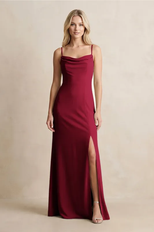 Spaghetti Straps Sheath Satin Bridesmaid Dress With Slit in Berry made by KissProm