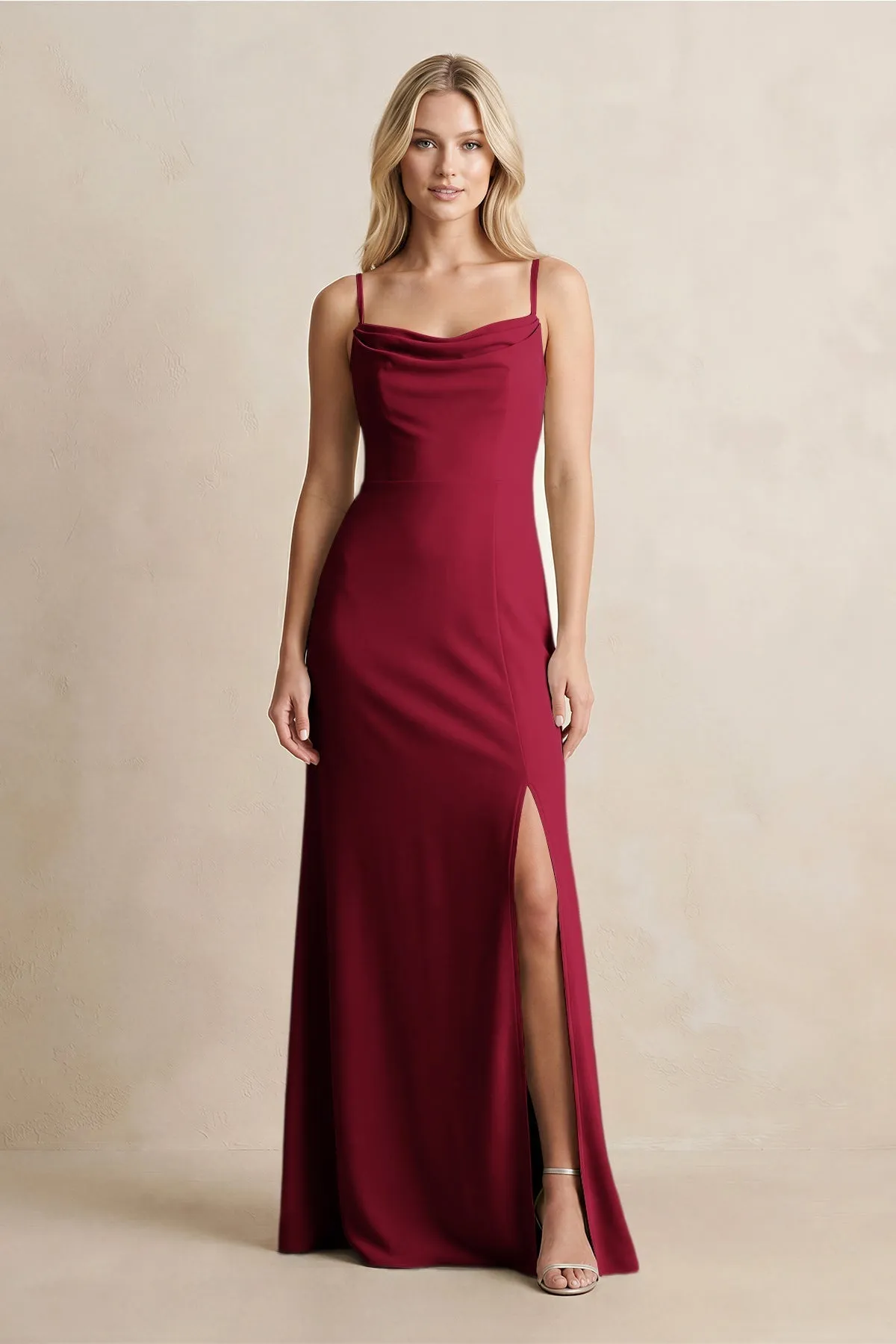 Spaghetti Straps Sheath Satin Bridesmaid Dress With Slit in Berry sold by KissProm
