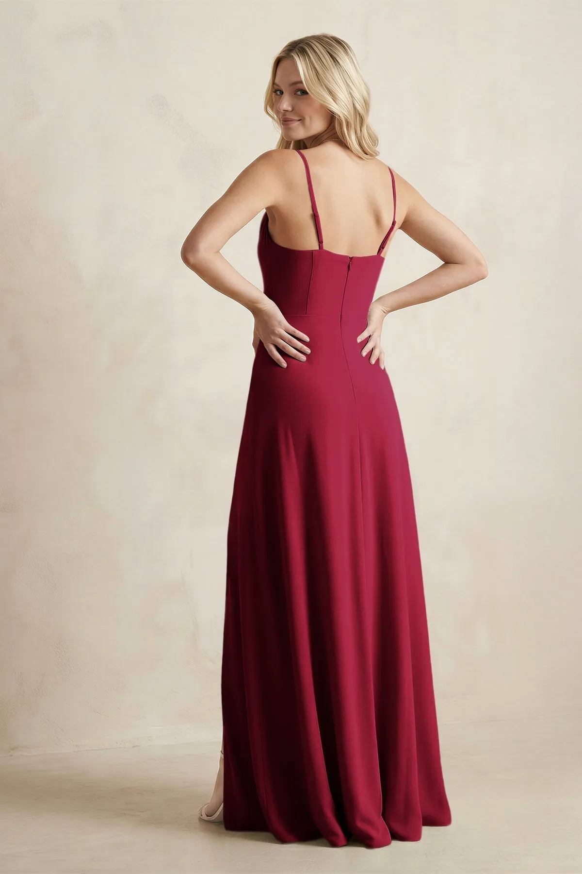 Spaghetti Straps Sheath Satin Bridesmaid Dress With Slit in Berry sold by KissProm product image thumbnail 2