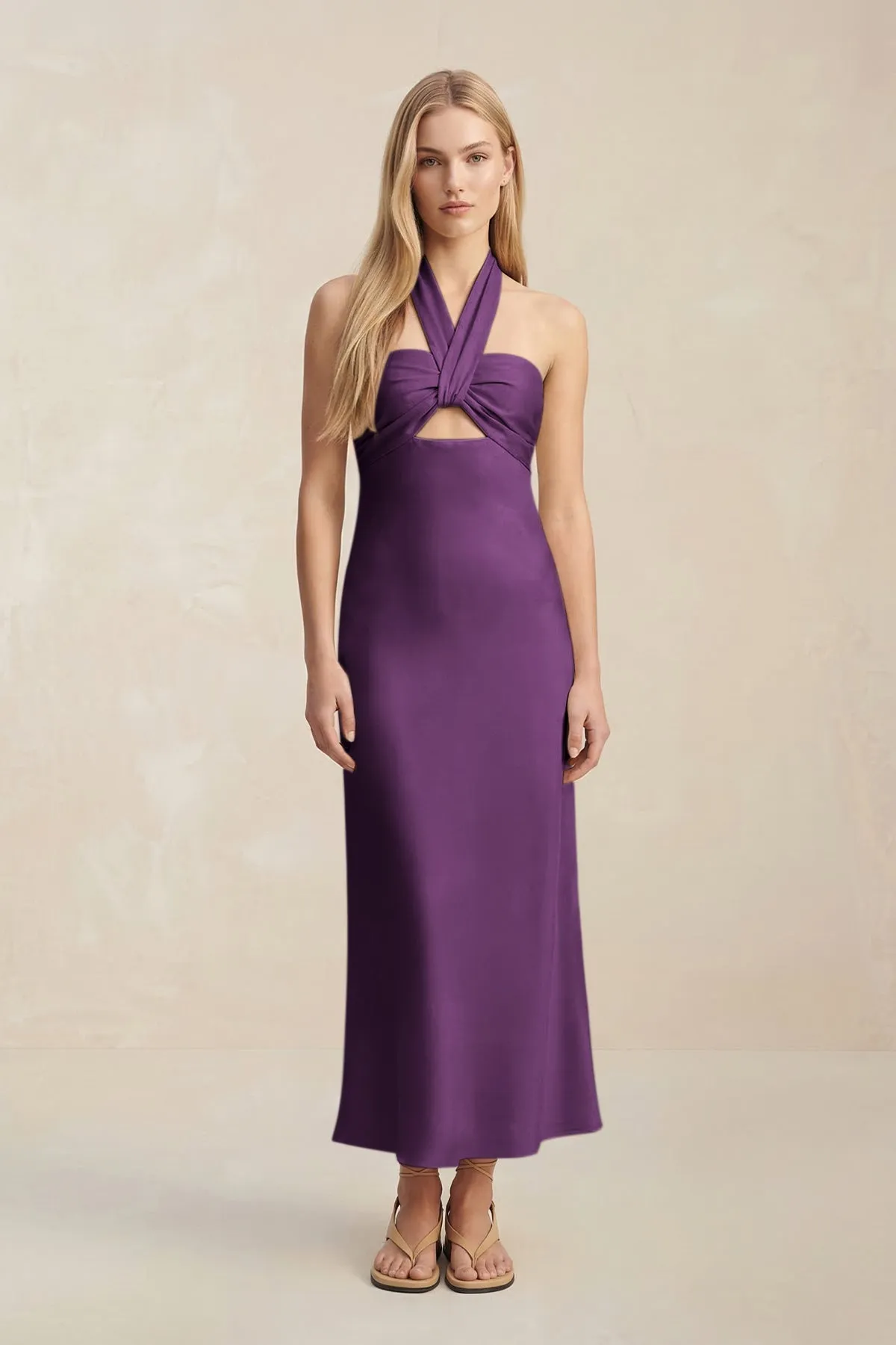 Halter Keyhole Sheath Midi Bridesmaid Dress in Plum sold by KissProm