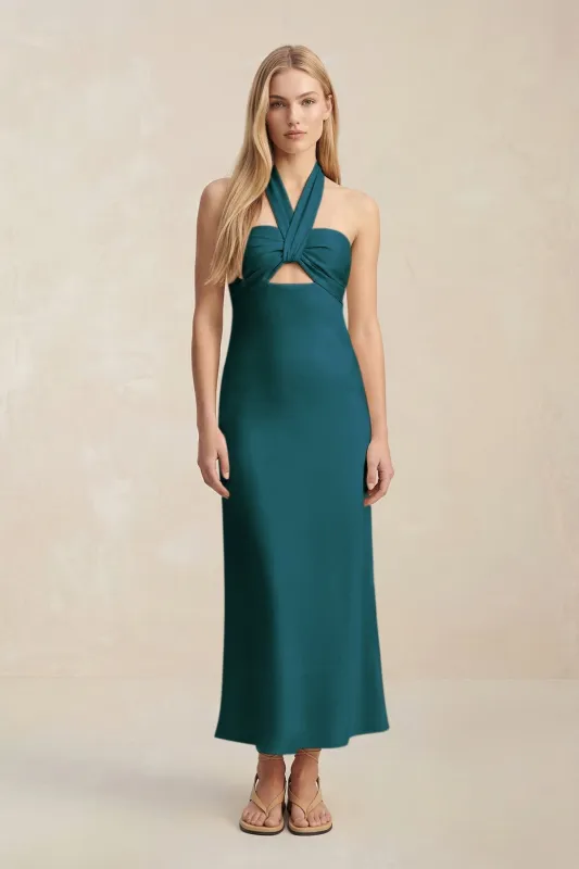 Halter Keyhole Sheath Midi Bridesmaid Dress in Pine made by KissProm