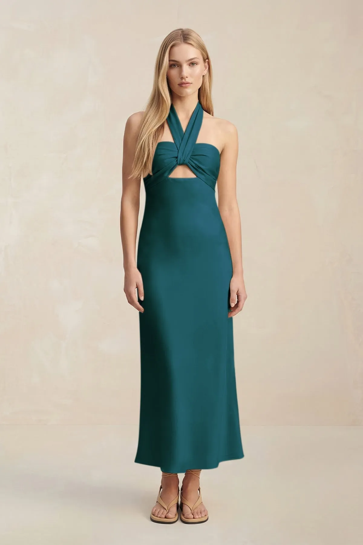 Halter Keyhole Sheath Midi Bridesmaid Dress in Pine sold by KissProm