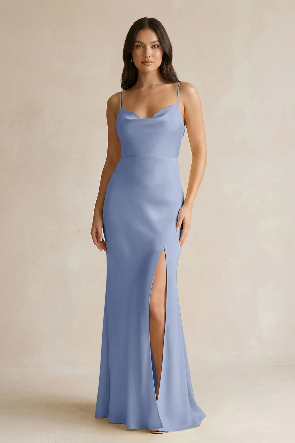Cami Strap Sheath Satin Bridesmaid Dress With Slit in Mist sold by KissProm