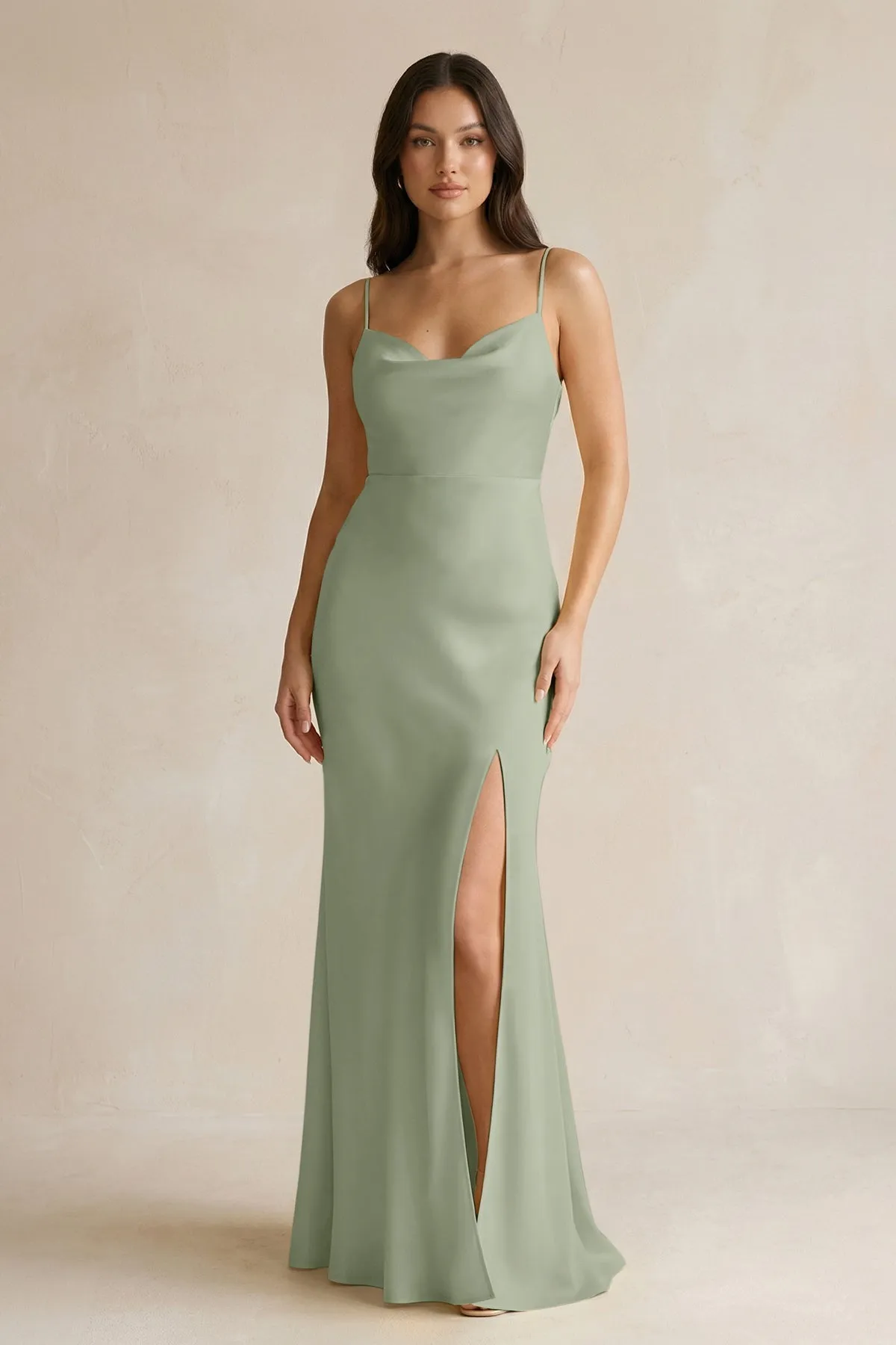 Cami Strap Sheath Satin Bridesmaid Dress With Slit in Dove Gray sold by KissProm