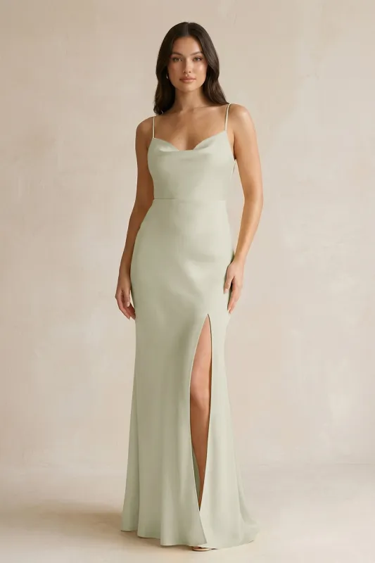 Cami Strap Sheath Satin Bridesmaid Dress With Slit in Frost made by KissProm
