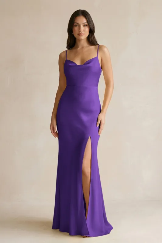 Cami Strap Sheath Satin Bridesmaid Dress With Slit in Amethyst made by KissProm