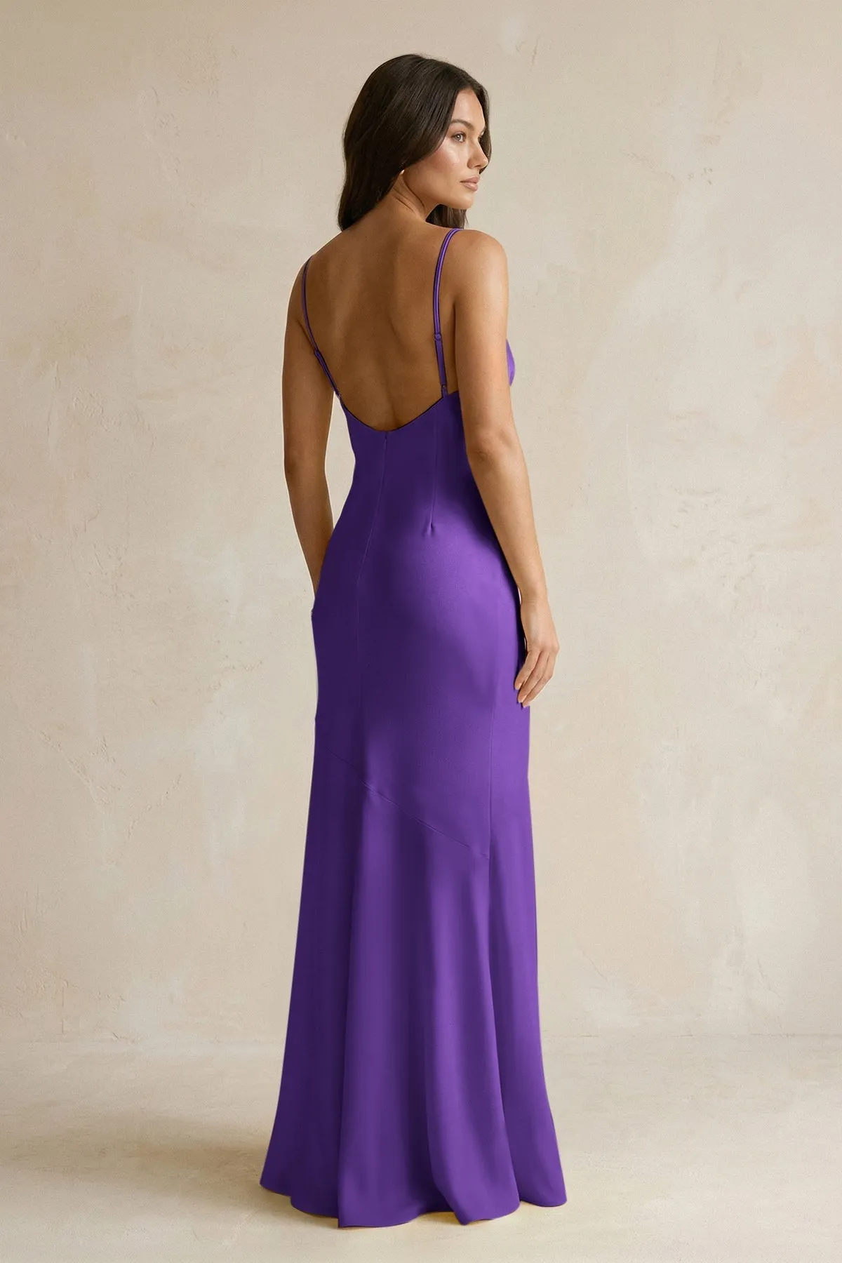 Cami Strap Sheath Satin Bridesmaid Dress With Slit in Amethyst sold by KissProm product image thumbnail 2