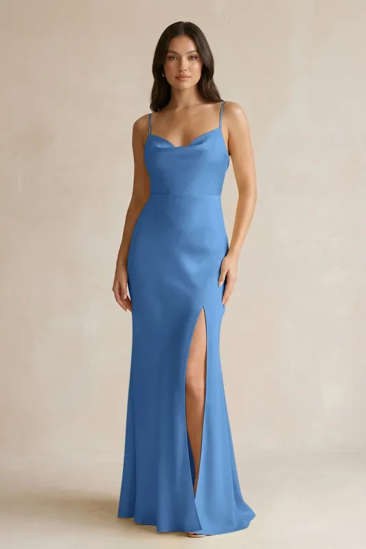 Cami Strap Sheath Satin Bridesmaid Dress With Slit in Dusty Blue made by KissProm