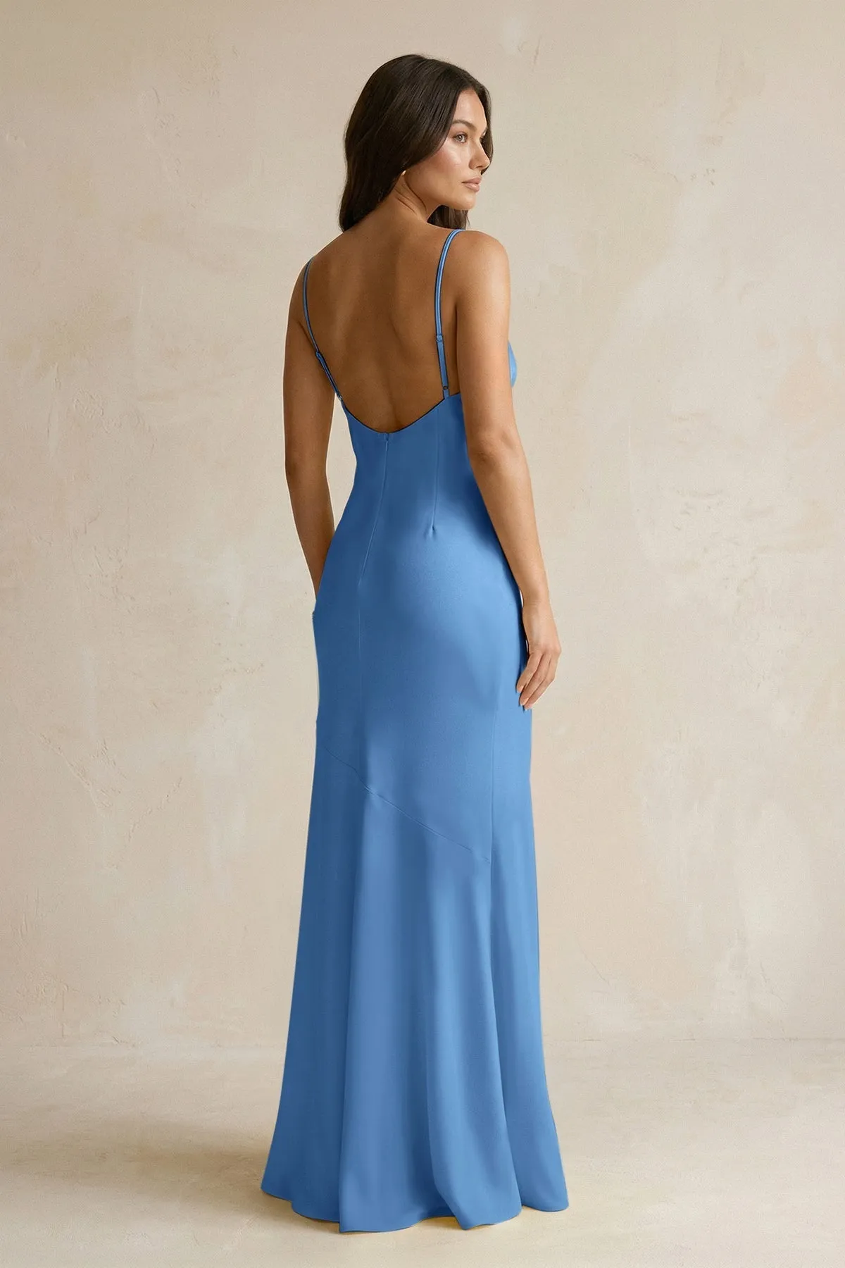 Cami Strap Sheath Satin Bridesmaid Dress With Slit in Dusty Blue sold by KissProm product image thumbnail 2