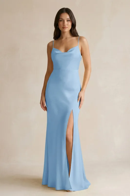 Cami Strap Sheath Satin Bridesmaid Dress With Slit in Sky Blue made by KissProm