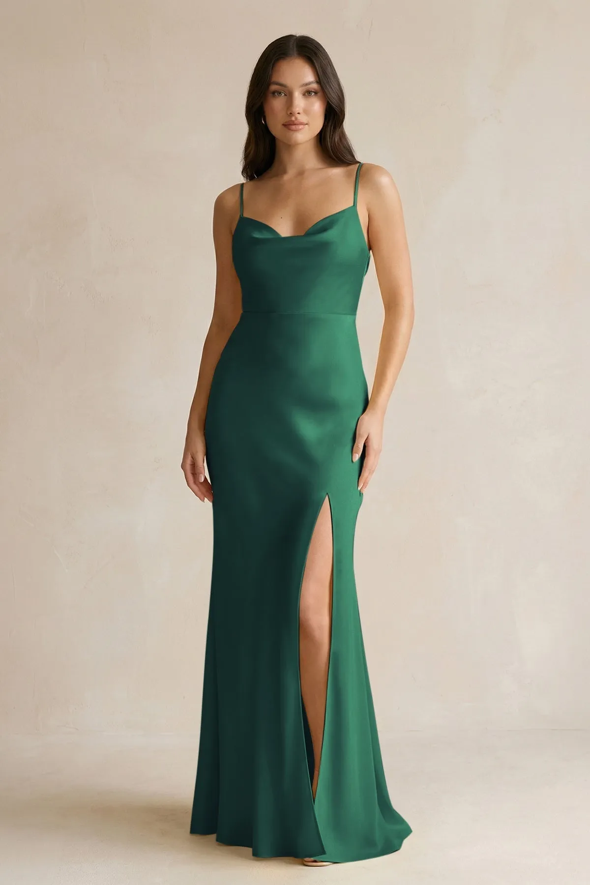 Cami Strap Sheath Satin Bridesmaid Dress With Slit in Dark Green sold by KissProm