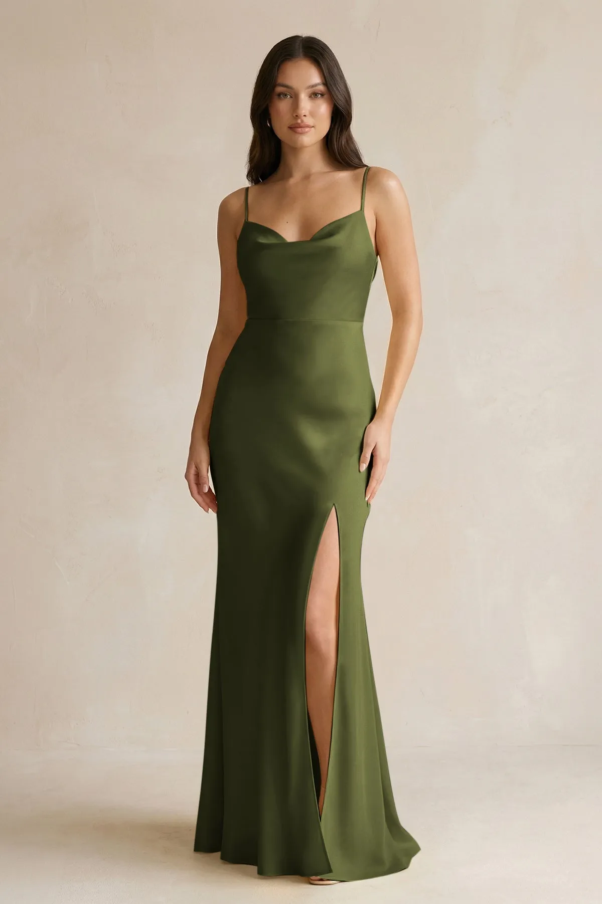 Cami Strap Sheath Satin Bridesmaid Dress With Slit in Olive sold by KissProm