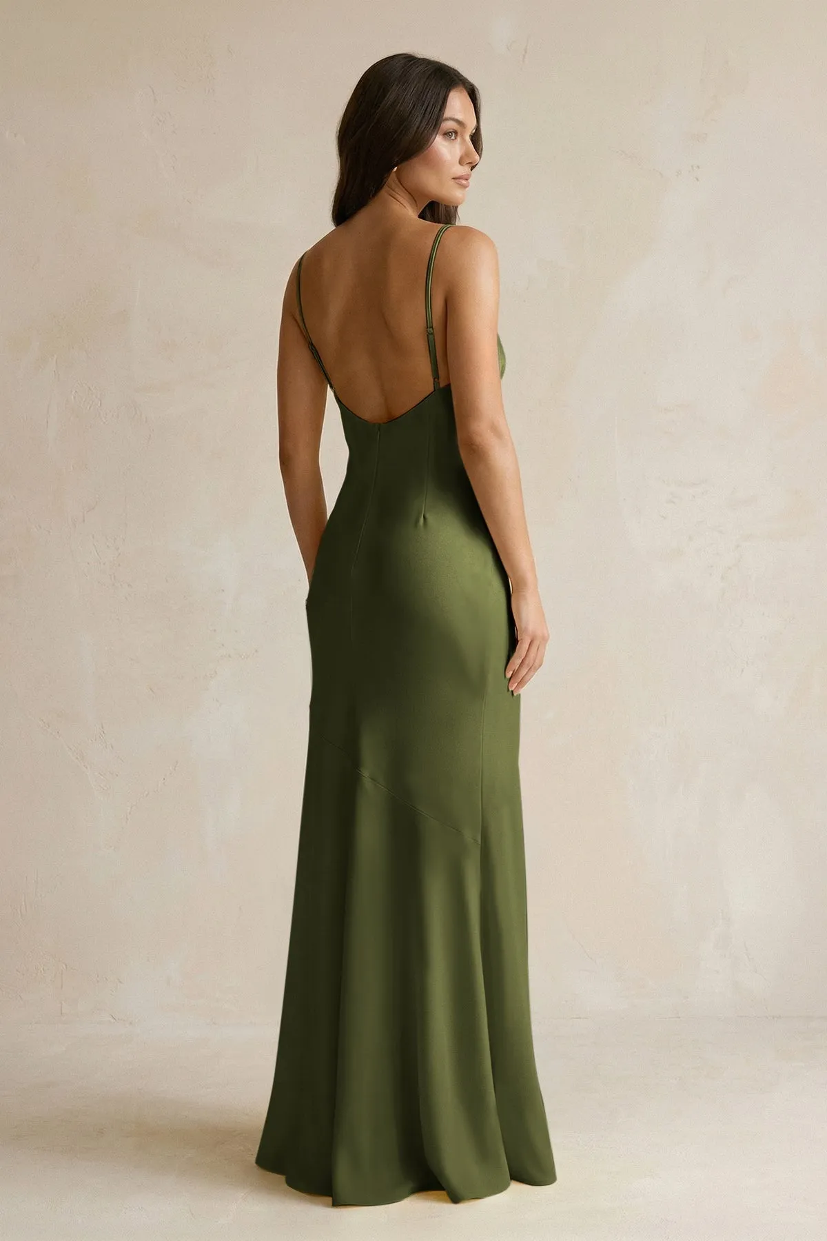 Cami Strap Sheath Satin Bridesmaid Dress With Slit in Olive sold by KissProm product image thumbnail 2