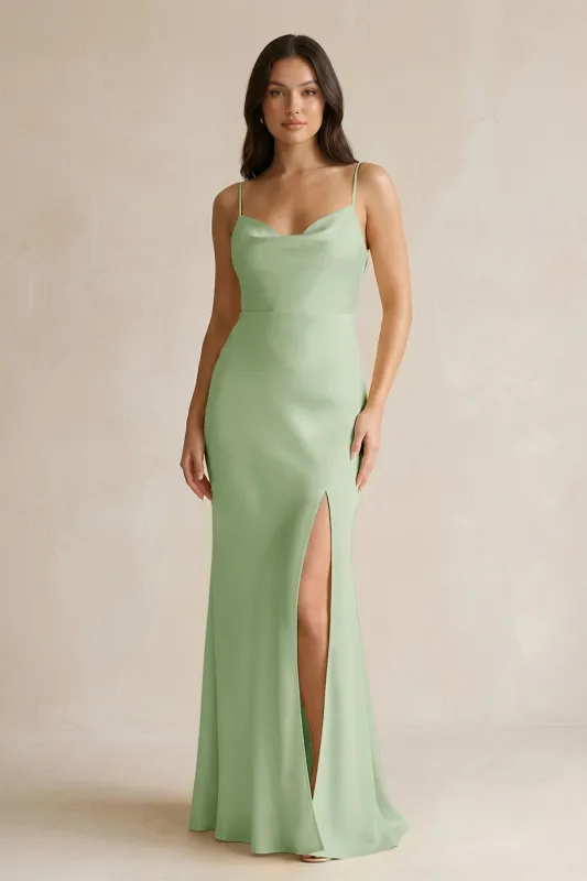 Cami Strap Sheath Satin Bridesmaid Dress With Slit in Sage made by KissProm