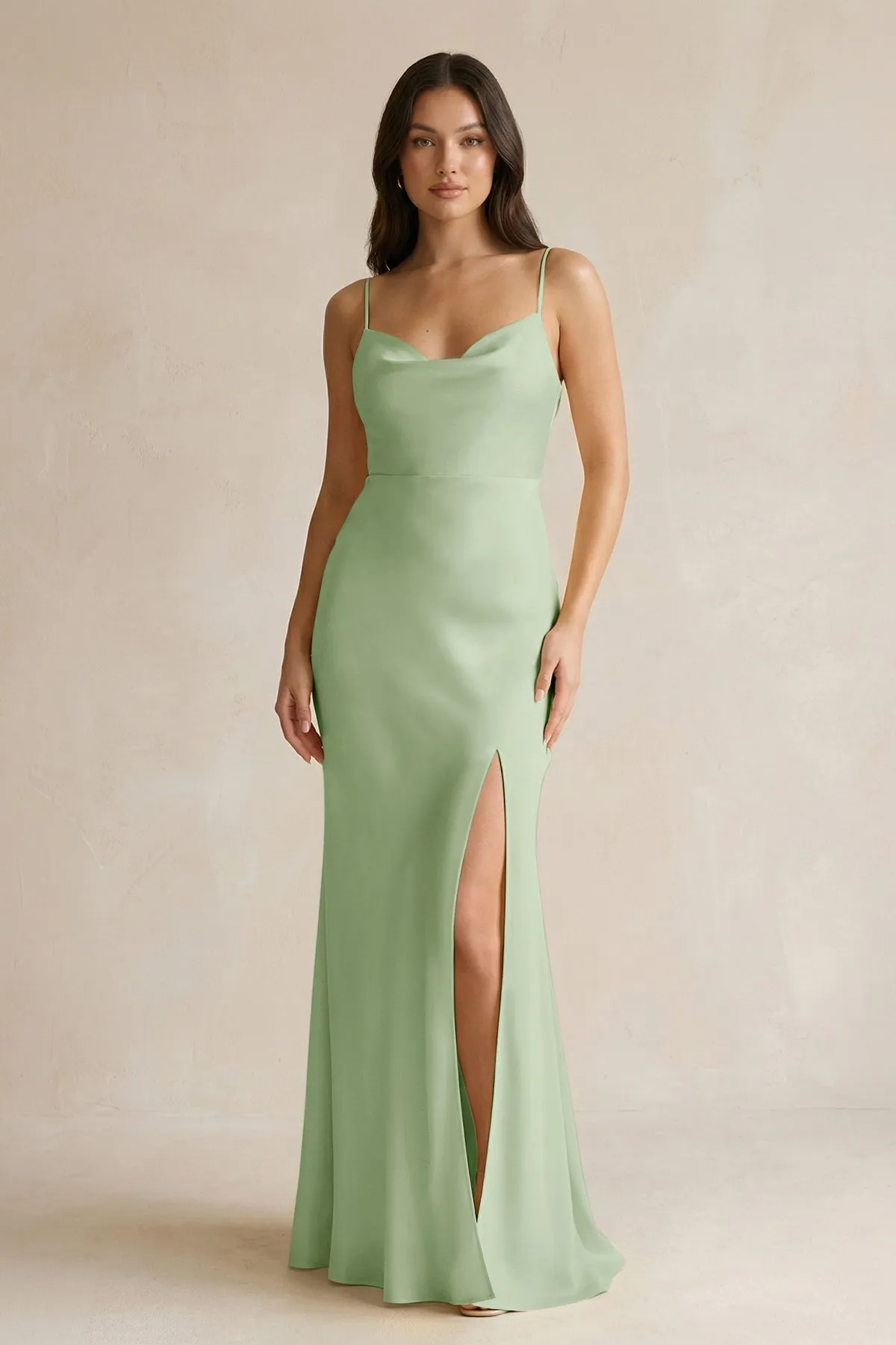 Cami Strap Sheath Satin Bridesmaid Dress With Slit in Sage sold by KissProm