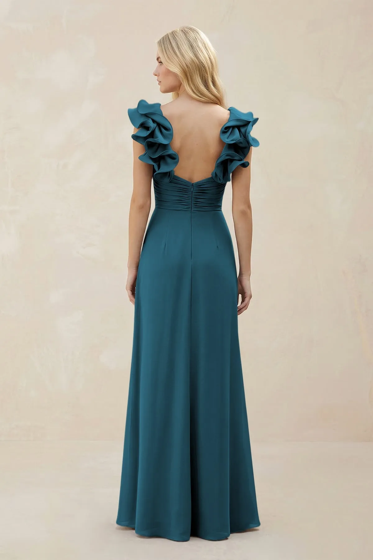 Ruffled Sleeves A-Line Chiffon Sweetheart Bridesmaid Dress in Dark Teal sold by KissProm product image thumbnail 2