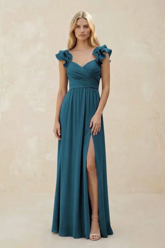 Ruffled Sleeves A-Line Chiffon Sweetheart Bridesmaid Dress in Dark Teal made by KissProm