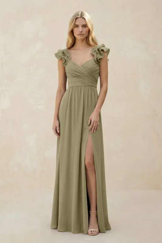 Ruffled Sleeves A-Line Chiffon Sweetheart Bridesmaid Dress in Thyme made by KissProm