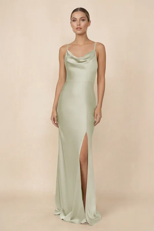 Sheath Cowl Neck Satin Bridesmaid Dress With Slit in Frost made by KissProm