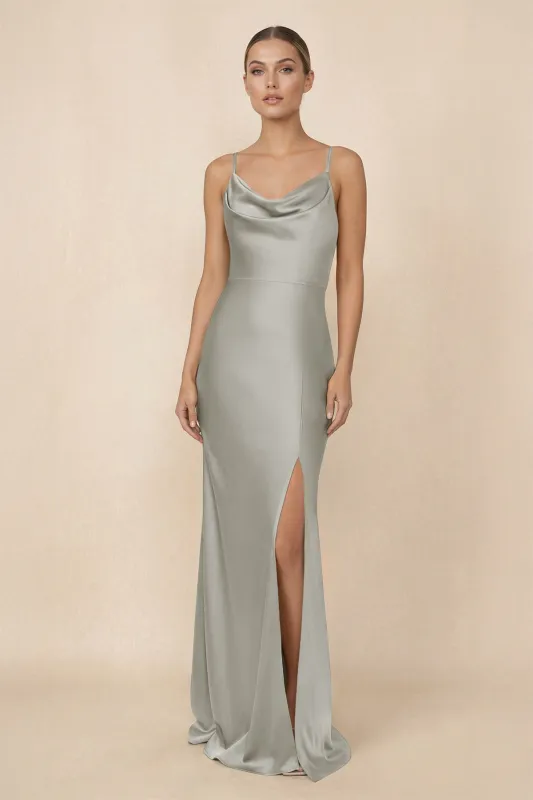 Sheath Cowl Neck Satin Bridesmaid Dress With Slit in Silver made by KissProm