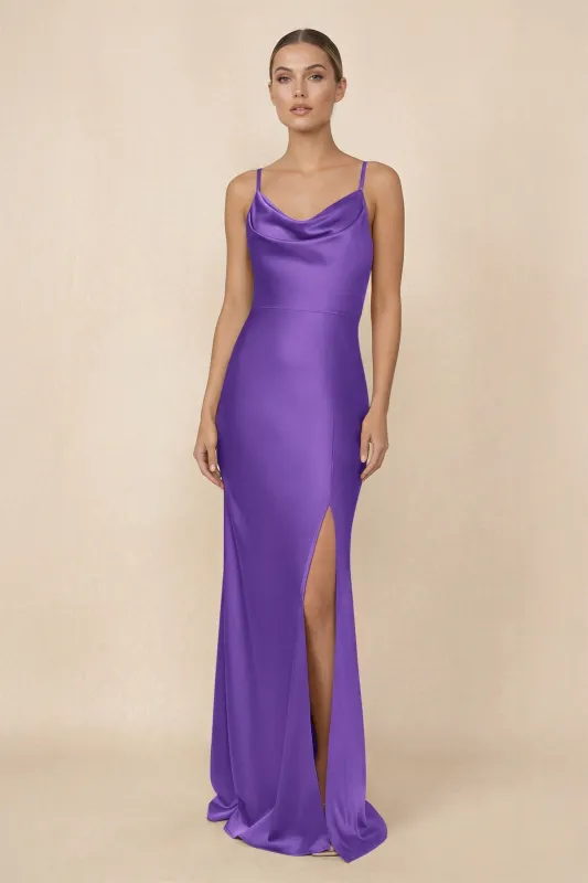 Sheath Cowl Neck Satin Bridesmaid Dress With Slit in Tahiti made by KissProm