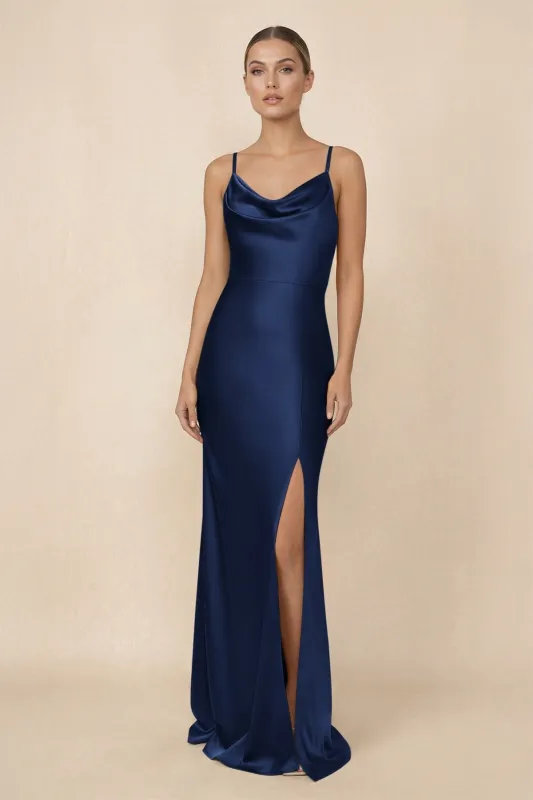 Sheath Cowl Neck Satin Bridesmaid Dress With Slit in Navy made by KissProm