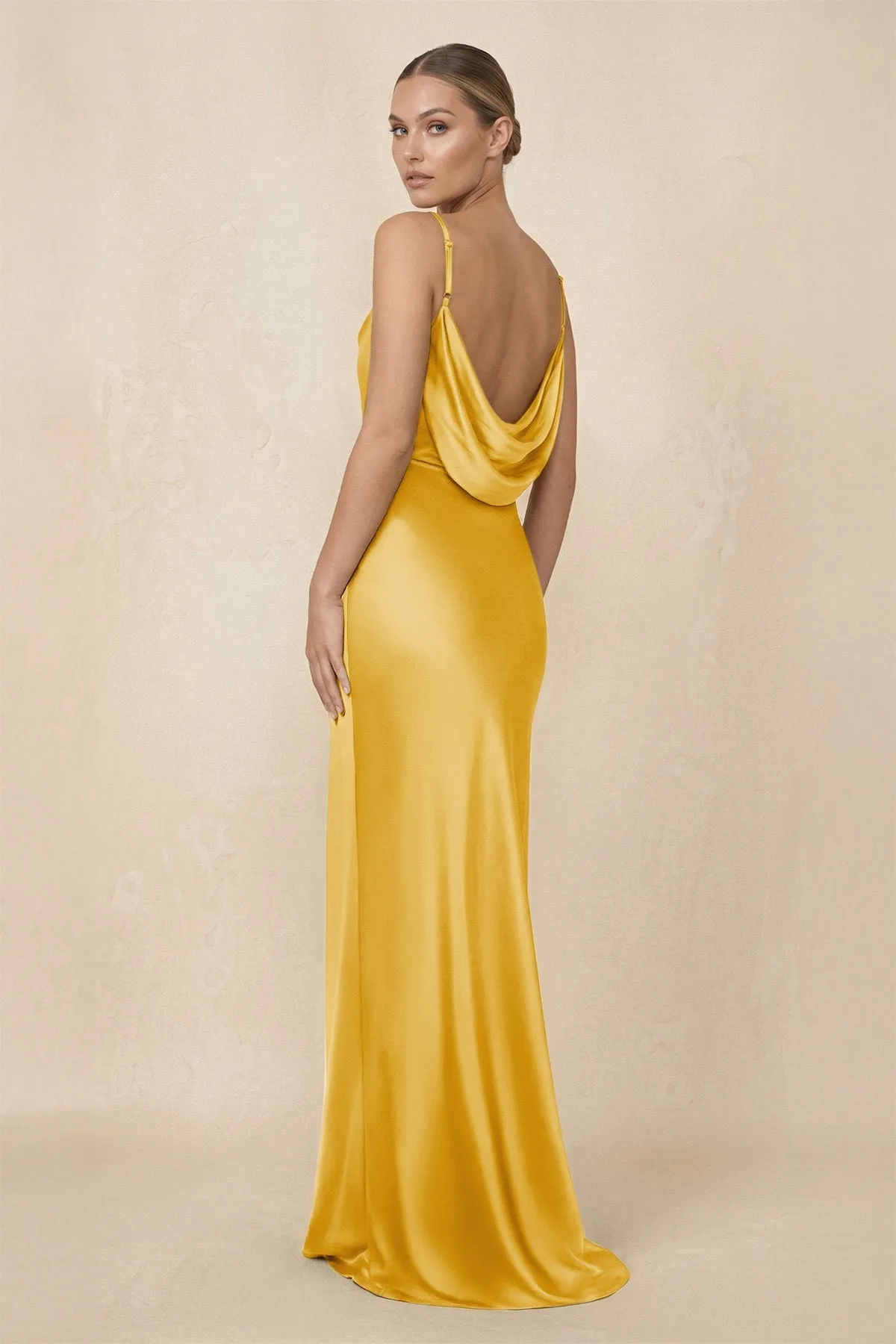 Sheath Cowl Neck Satin Bridesmaid Dress With Slit in Gold sold by KissProm product image thumbnail 2