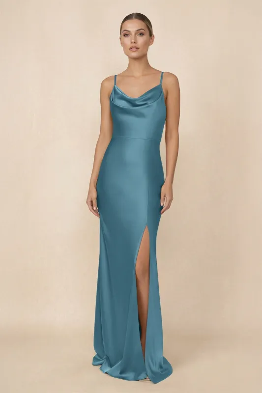 Sheath Cowl Neck Satin Bridesmaid Dress With Slit in Twilight made by KissProm