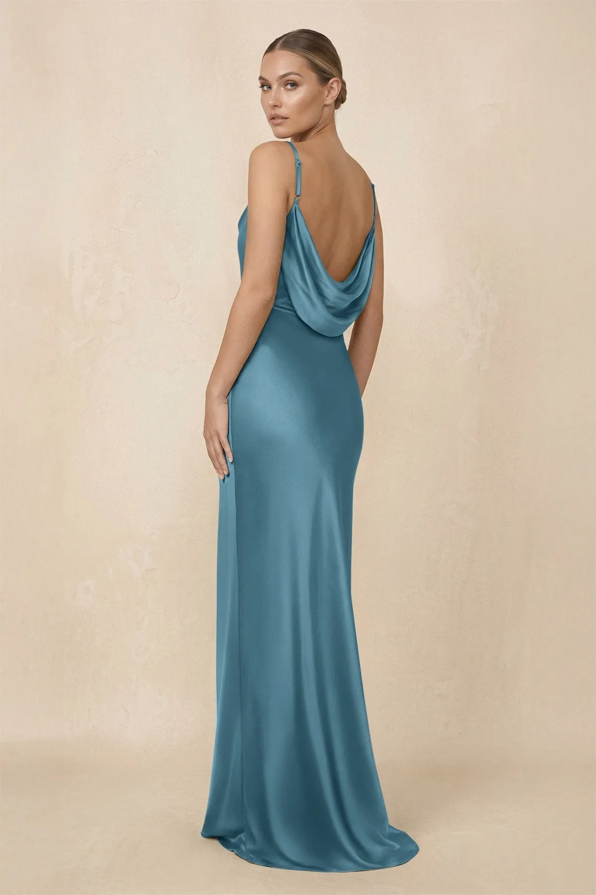 Sheath Cowl Neck Satin Bridesmaid Dress With Slit in Twilight sold by KissProm product image thumbnail 2