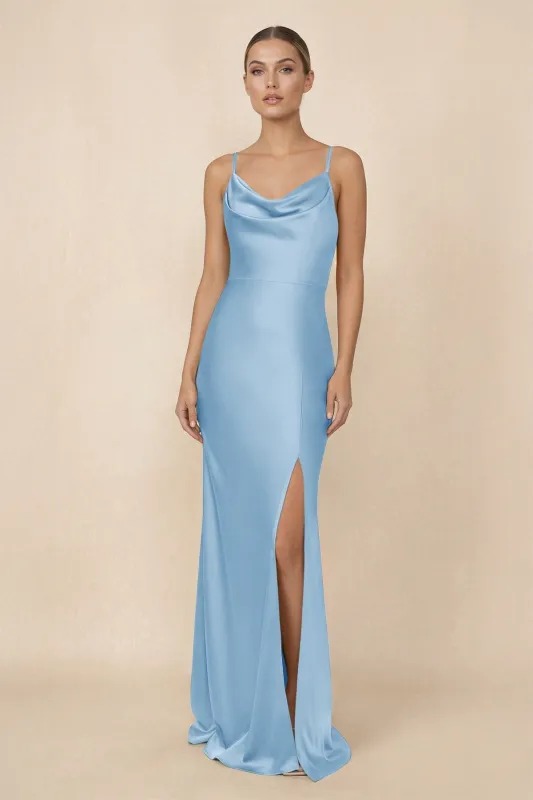 Sheath Cowl Neck Satin Bridesmaid Dress With Slit in Sky Blue made by KissProm