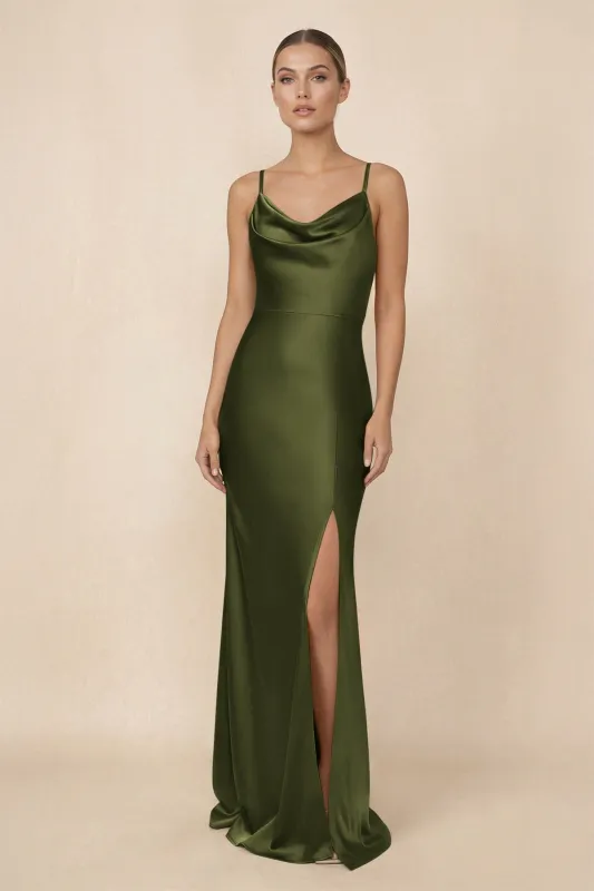 Sheath Cowl Neck Satin Bridesmaid Dress With Slit in Olive made by KissProm