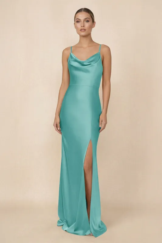 Sheath Cowl Neck Satin Bridesmaid Dress With Slit in Pale Pistachio made by KissProm