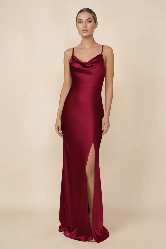 Sheath Cowl Neck Satin Bridesmaid Dress With Slit in Berry made by KissProm