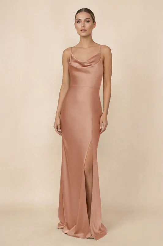 Sheath Cowl Neck Satin Bridesmaid Dress With Slit in Rosette made by KissProm