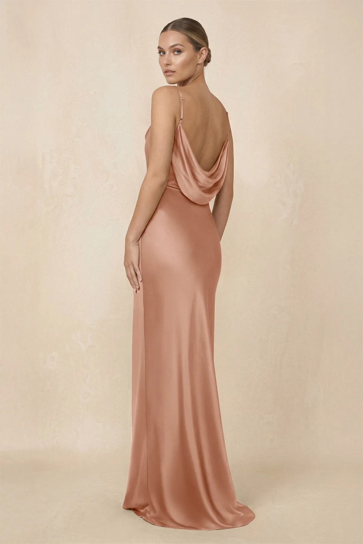 Sheath Cowl Neck Satin Bridesmaid Dress With Slit in Rosette sold by KissProm product image thumbnail 2