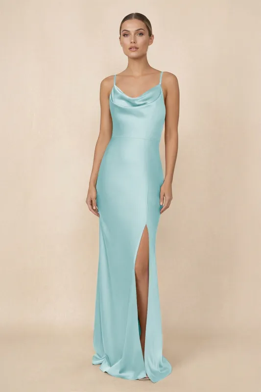 Sheath Cowl Neck Satin Bridesmaid Dress With Slit in Bleached Aqua made by KissProm