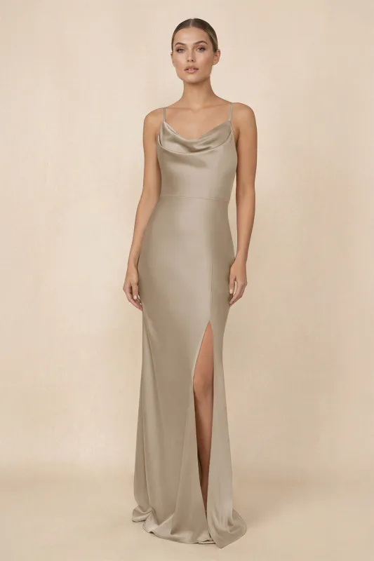Sheath Cowl Neck Satin Bridesmaid Dress With Slit in Almond made by KissProm