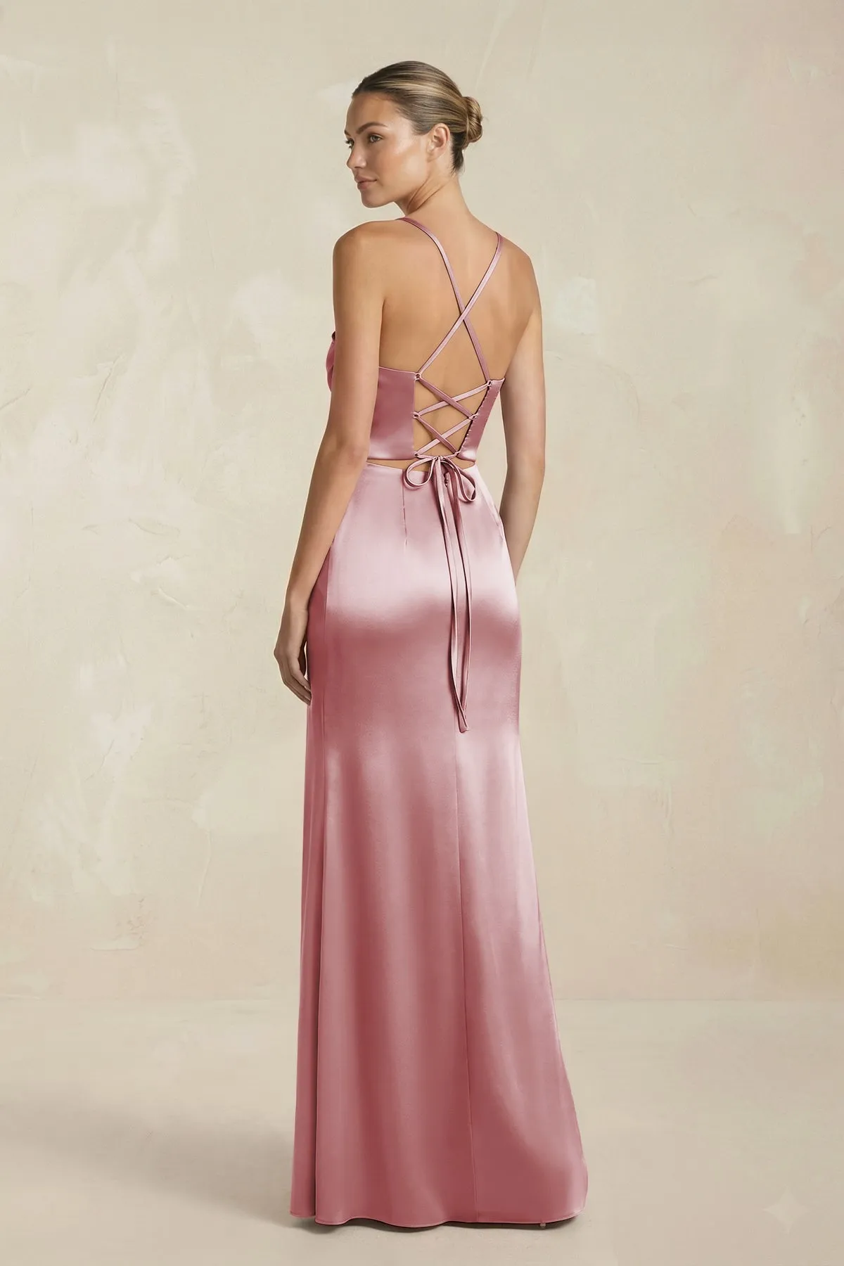 Cami Strap Corset Sheath Satin Ruched Bridesmaid Dress in Toffee sold by KissProm product image thumbnail 2