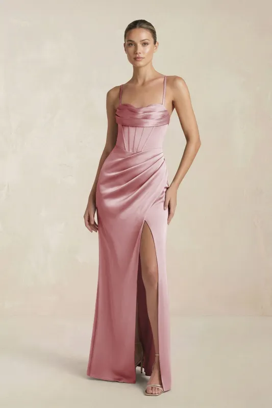 Cami Strap Corset Sheath Satin Ruched Bridesmaid Dress in Toffee made by KissProm