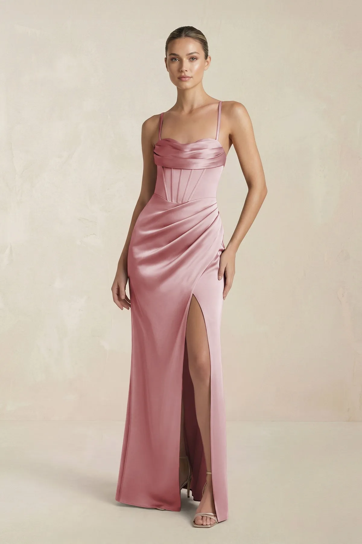 Cami Strap Corset Sheath Satin Ruched Bridesmaid Dress in Toffee sold by KissProm