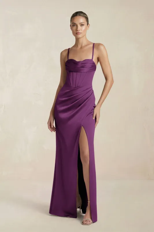 Cami Strap Corset Sheath Satin Ruched Bridesmaid Dress in Plum made by KissProm