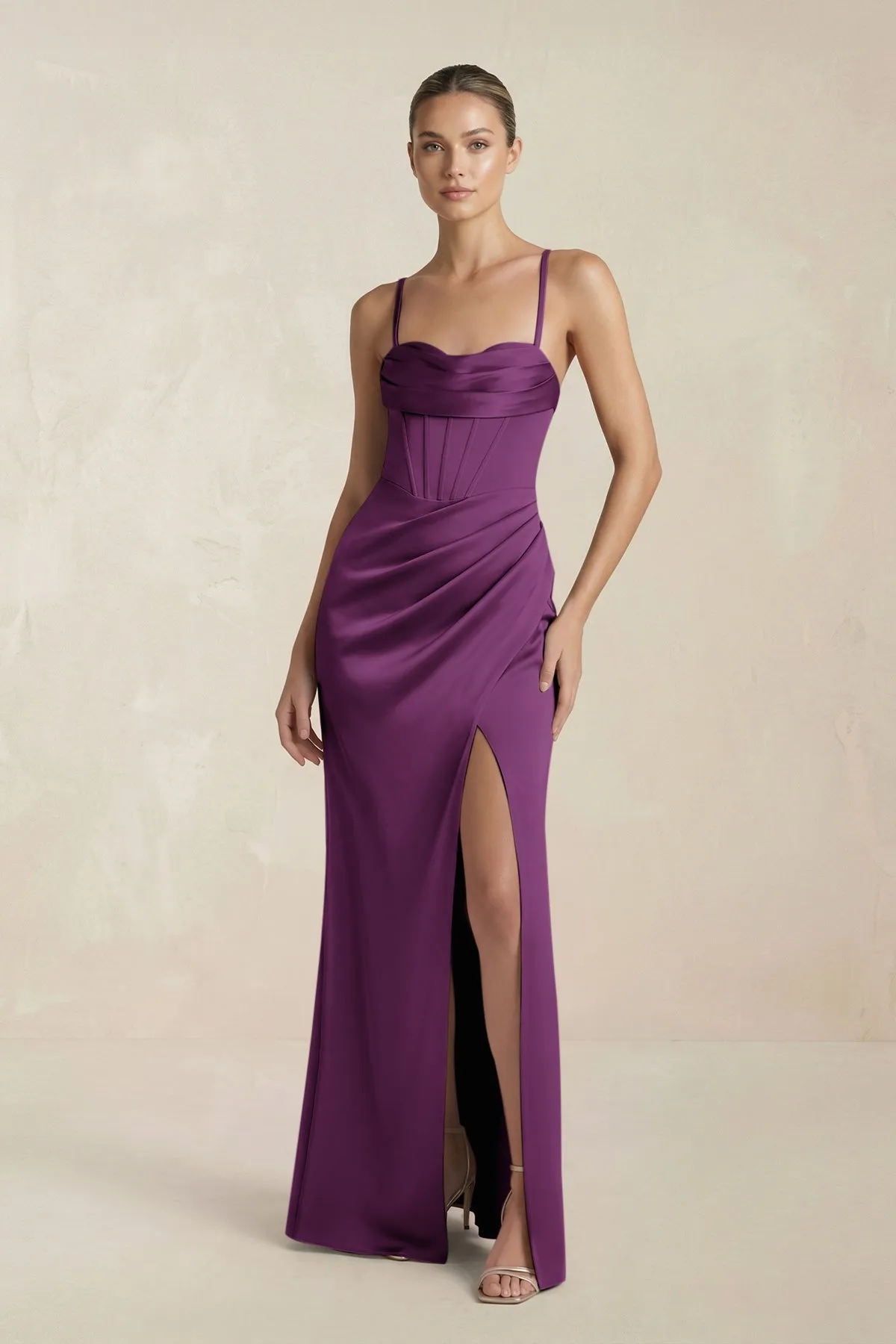 Cami Strap Corset Sheath Satin Ruched Bridesmaid Dress in Plum sold by KissProm