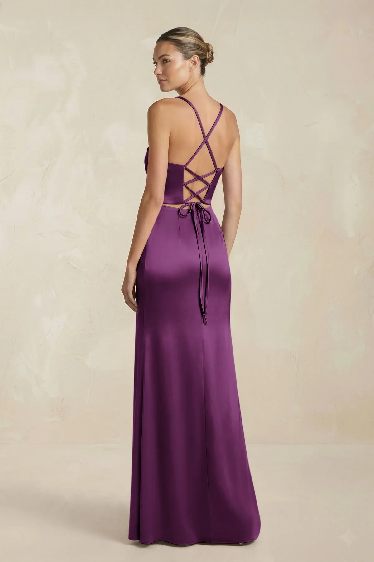Cami Strap Corset Sheath Satin Ruched Bridesmaid Dress in Plum sold by KissProm product image thumbnail 2