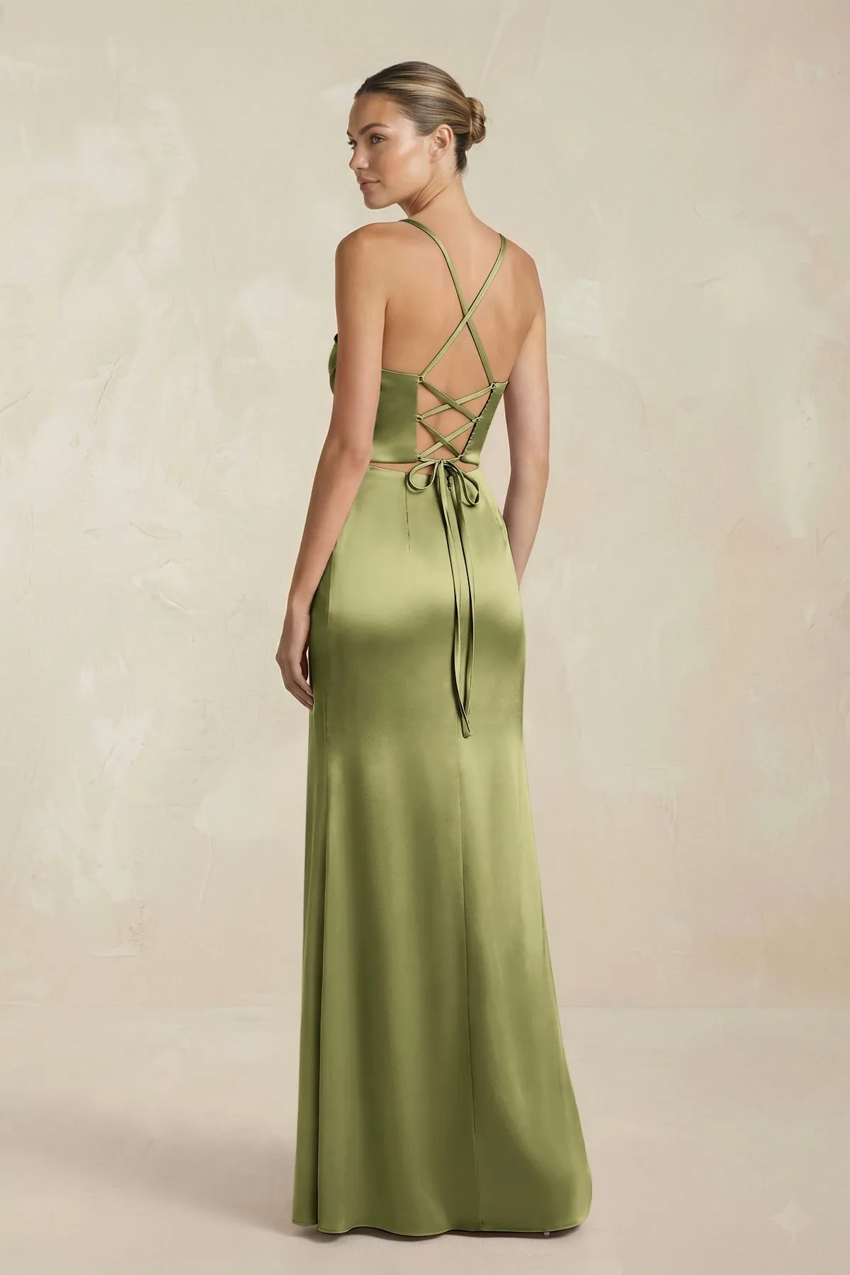 Cami Strap Corset Sheath Satin Ruched Bridesmaid Dress in Thyme sold by KissProm product image thumbnail 2