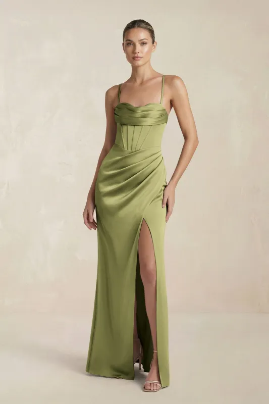 Cami Strap Corset Sheath Satin Ruched Bridesmaid Dress in Thyme made by KissProm