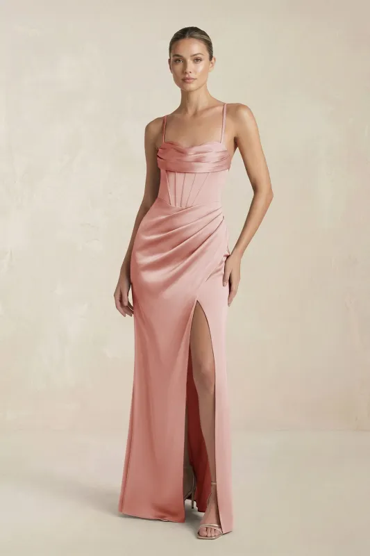 Cami Strap Corset Sheath Satin Ruched Bridesmaid Dress in Champagne Rose made by KissProm