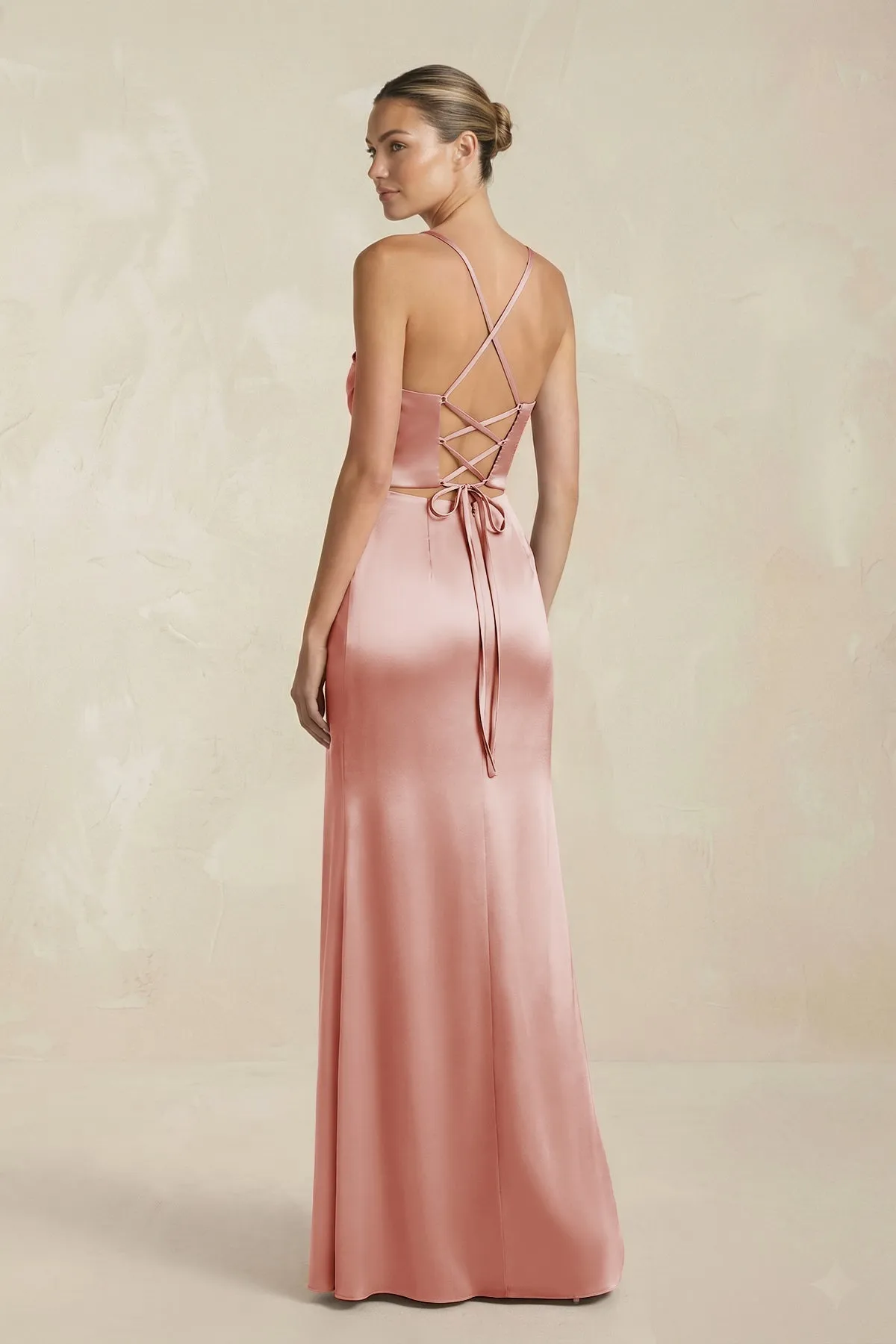 Cami Strap Corset Sheath Satin Ruched Bridesmaid Dress in Champagne Rose sold by KissProm product image thumbnail 2