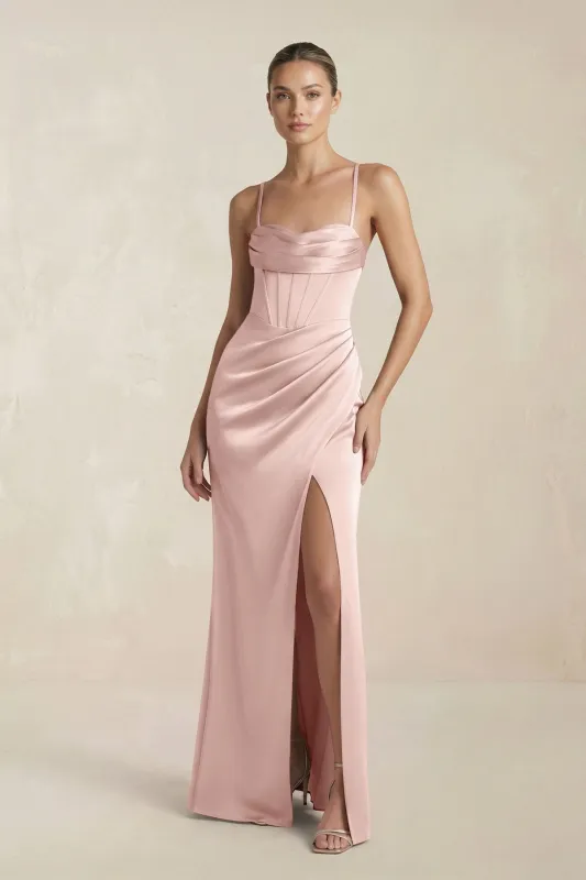 Cami Strap Corset Sheath Satin Ruched Bridesmaid Dress in English Rose made by KissProm