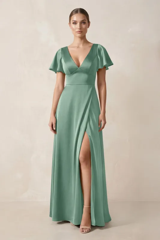 Short Sleeve V-Neck A-Line Satin Bridesmaid Dress With Slit in Mint Green made by KissProm